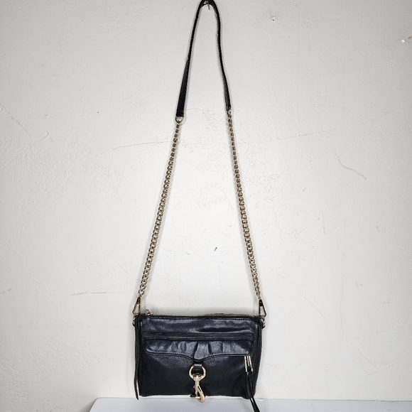 REBECCA MINKOFF Crossbody Mini MAC Black with Gold Chain Leather Purse - Picture 1 of 17